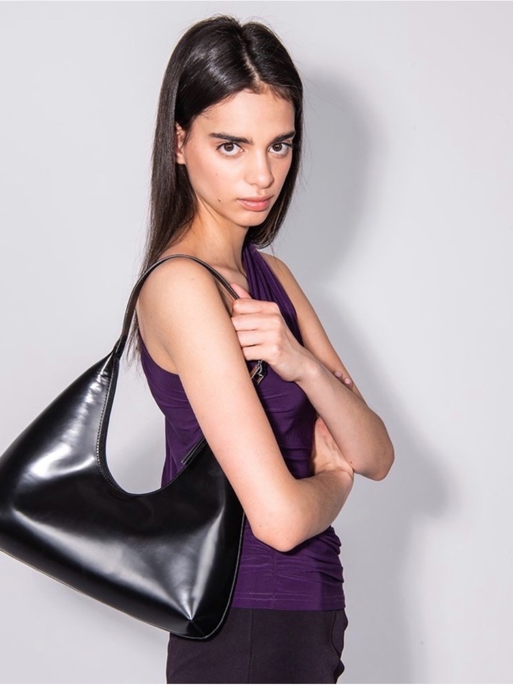 By Far Amber Black Semi Patent Leather Shoulder Bag $670